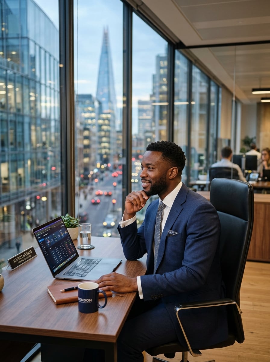 A business owner working at a laptop in a window-lit office